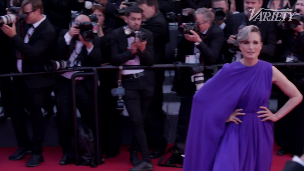 Andie MacDowell wears royal purple on the red carpet for the Cannes Film Festival closing ceremony.