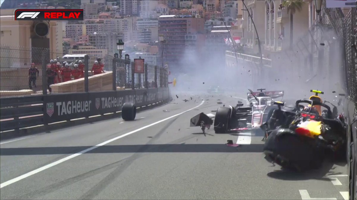 "That is a MONSTER of an accident!" 😲 A look at the huge crash between Perez and both Haas drivers which caused a red flag - thankfully all three drivers are out of the cars and are fine ✅