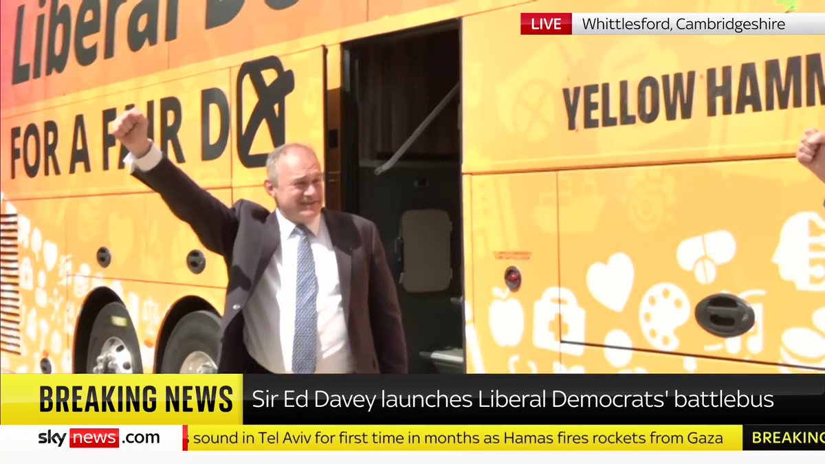 "Liberal Democrats are go!" Sir Ed Davey, the leader of the Liberal Democrats, is launching his party's general election campaign in Cambridgeshire. He arrived at the location in the party's "battlebus" which is called "Yellow Hammer 1" 📺 Sky 501