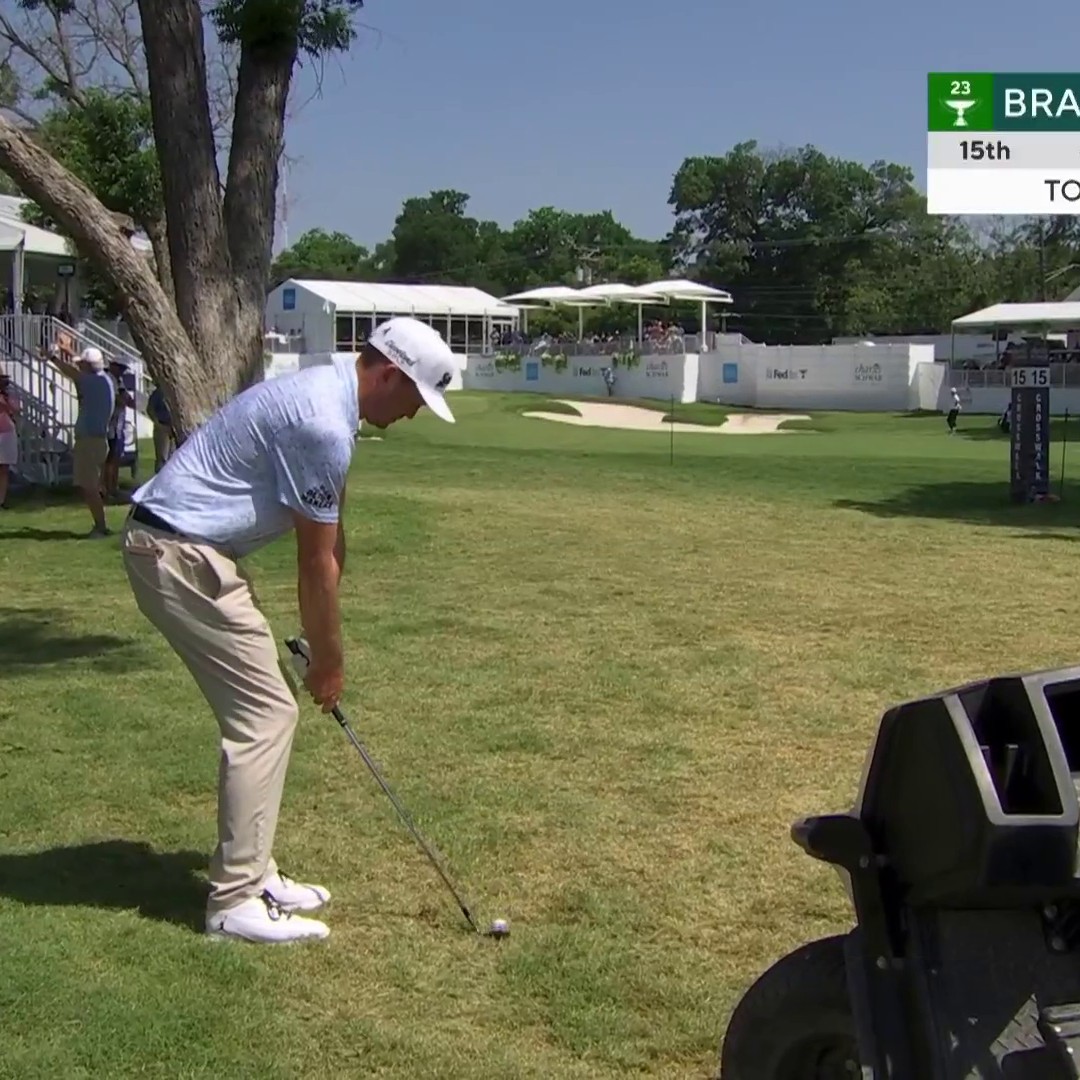 Keegan Bradley hits an outstanding approach from well off the fairway to set up birdie on 15. 👏 📺: CBS