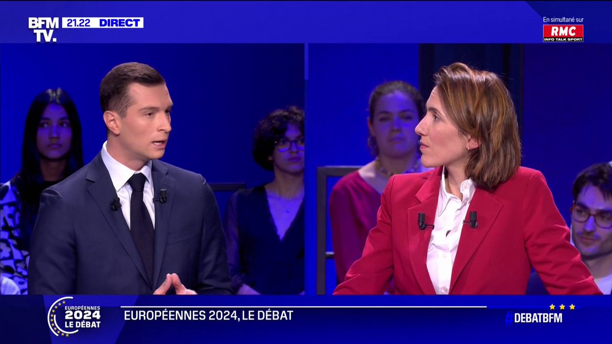 Jordan Bardella (RN):"Je suis à la tête de la seule liste (...) en capacité de l'emporter et d'infliger une sanction très lourde à Emmanuel Macron" #DebatBFM