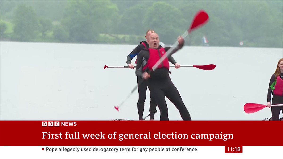 Liberal Democrats leader Ed Davey takes a tumble from a paddleboard as he takes his campaign to Windermere in the Lake District Follow live campaign news: