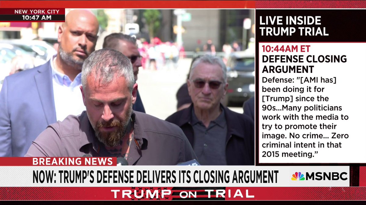 MOMENTS AGO: Robert De Niro and former Capitol police officers Harry Dunn and Michael Fanone speak outside of Trump’s criminal trial on behalf of the Biden-Harris campaign.