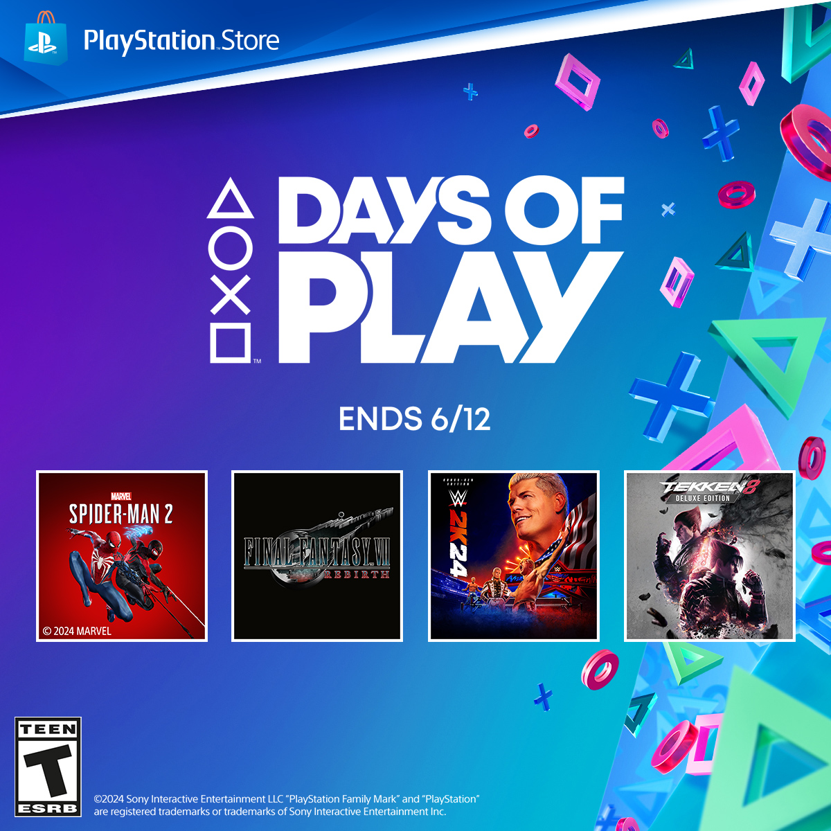 📣 Days of Play has arrived at PlayStation Store Find your next adventure with discounts on Final Fantasy VII Rebirth, Tekken 8, WWE 2K24, and more: