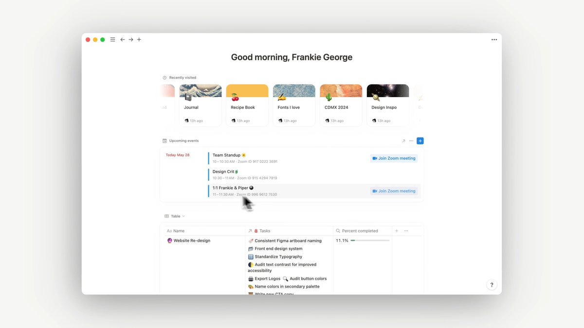 Notion Home: a space where your most relevant work and knowledge come together 🏠 Easily jump back into active documents and projects, view calendar events, see assigned tasks, and pin your favorite databases for easy access.