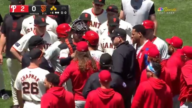 Kyle Harrison buzzed Bryce Harper twice, causing Giants and Phillies benches to clear 😳
