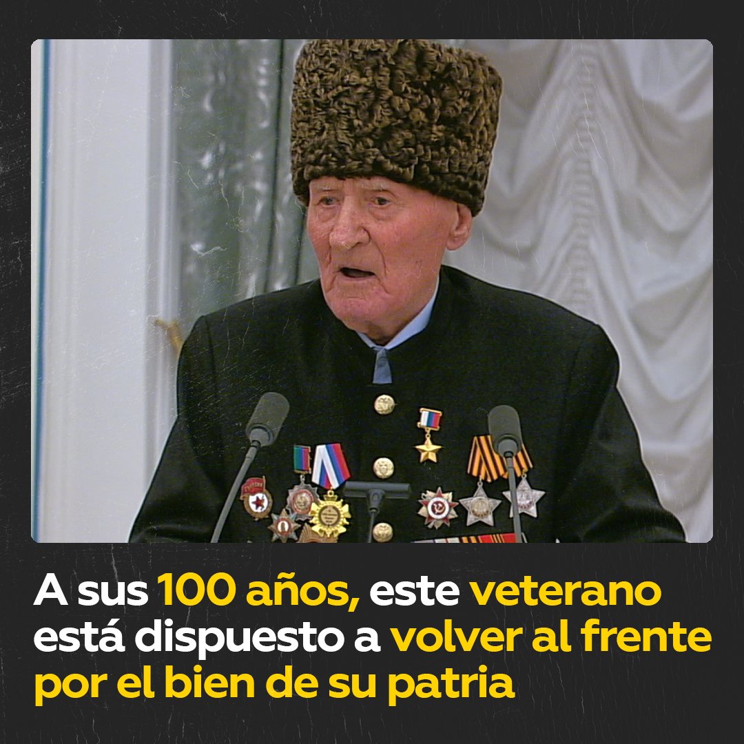 A los 100 años quiere ir a Ucrania para ‘defender a Rusia’ Ibrahím-Pashá Sadykov, veterano de 100 años, desea ir al frente para defender a #Rusia. Así lo afirmó al recibir la medalla ‘Estrella del Héroe de Rusia’ de manos del presidente ruso, Vladímir Putin.