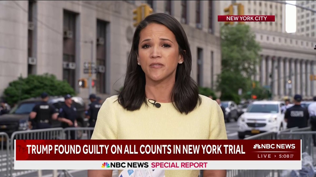 .Laura Jarrett describes the environment outside the New York courtroom, where a jury found former President Trump guilty of all 34 counts: “There’s a lot of Trump supporters out here. ... As I was reading the verdict, I could hear the crowd emotion growing behind me.”