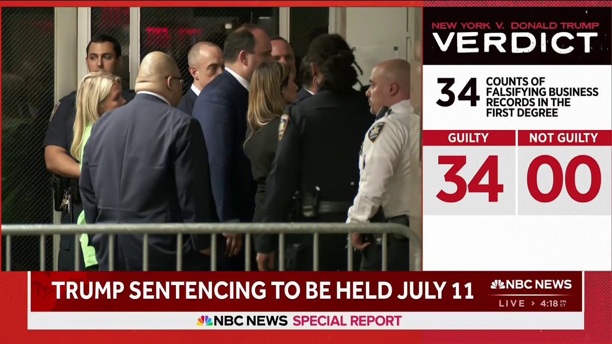 JUST IN: Former President Donald Trump's sentencing in the hush money case is scheduled for July 11 after being found guilty of all 34 counts of falsifying business records.
