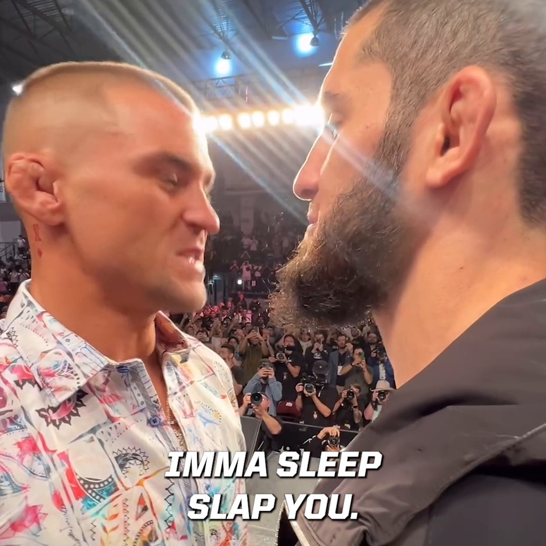 Islam Makhachev and Dustin Poirier exchanged words in their first faceoff 😳 #UFC302 (via danawhite)