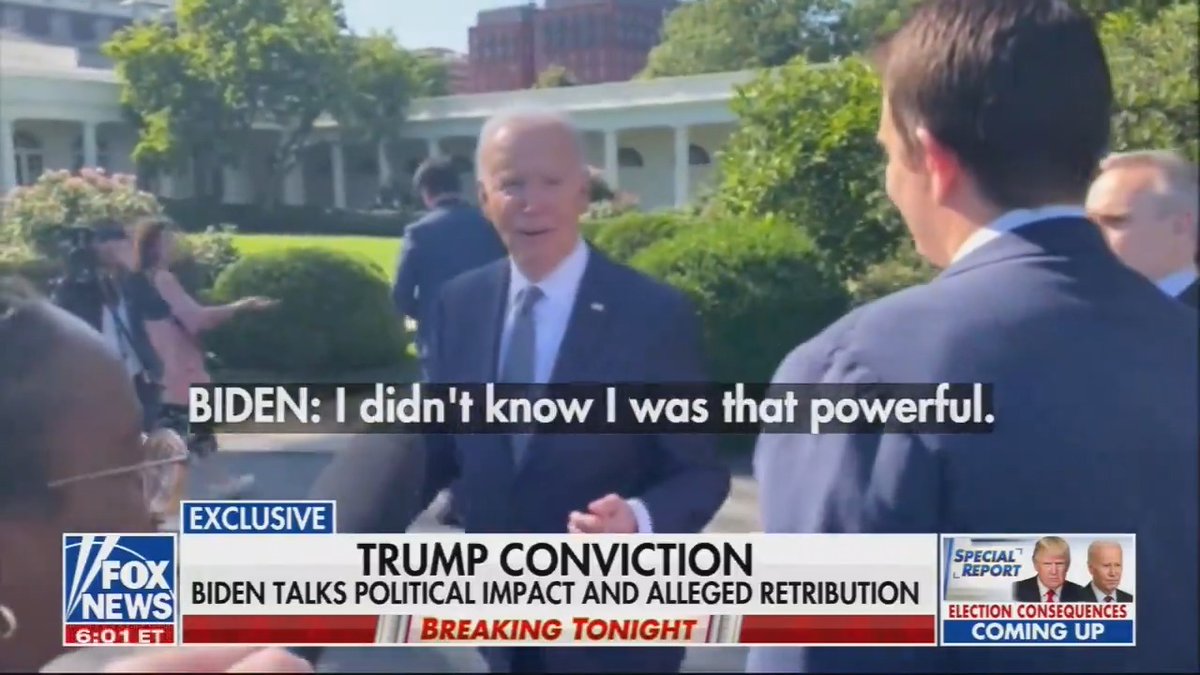 Doocy: Do you think the conviction helps Trump in the election? President Biden: I have no idea Doocy: Are you worried this could happen to you someday? President Biden: Not at all. I didn't do anything wrong. The system still works Doocy: Trump thinks you're pulling the strings behind the scenes and doing all of this to help yourself President Biden: I didn't know I was that powerful