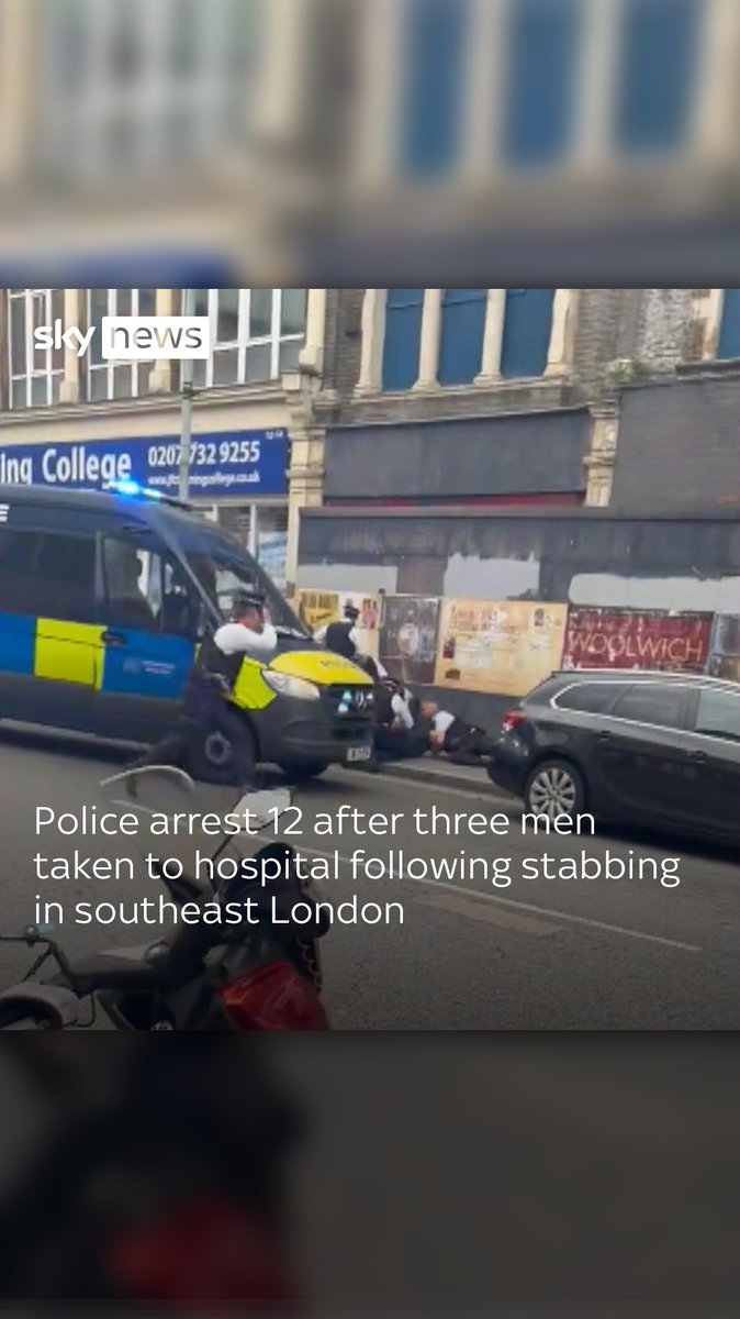 Three men have been taken to hospital after a stabbing in southeast London. Met Police officers have made 12 arrests after the incident in Woolwich on Friday night. #woolwich #london #police