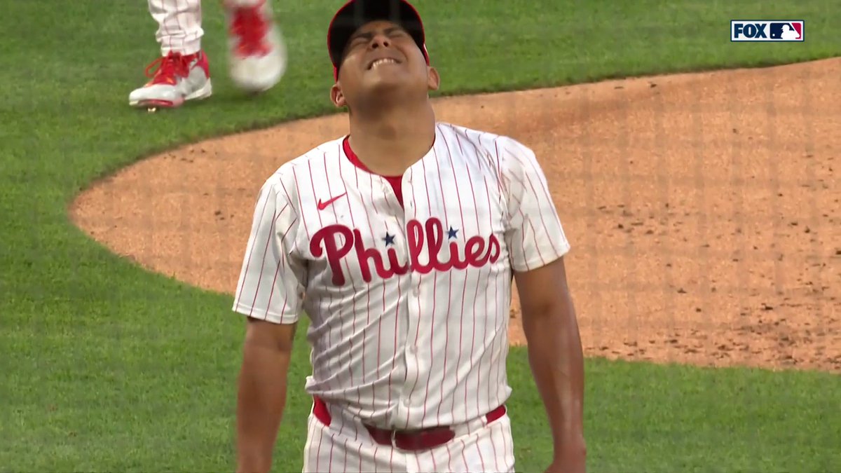Ranger Suarez is visibly in pain after being hit by a comebacker.