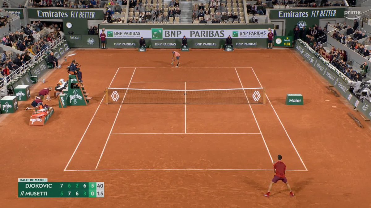 37 ans 3h06 du matin 4h28 de combat Novak Djokovic égale Roger Federer au classement des victoires en Grand Chelem (369) après un énorme duel face à Lorenzo Musetti. 👏 Merci messieurs. 🤩🇷🇸🇮🇹 #RolandGarros
