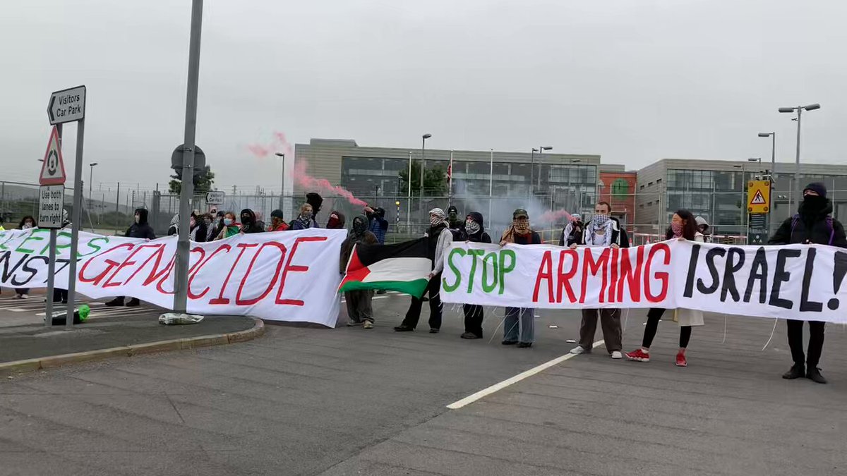 This morning, activists from Manchester and the surrounding areas blockade the entrance to BAE Systems factory in Blackburn. The deadly British company BAE Systems manufactures parts of the jets bombing Gaza. Youth Front For Palestine . #StopArmingIsrael #FreePalestine #EndBritishComplicity