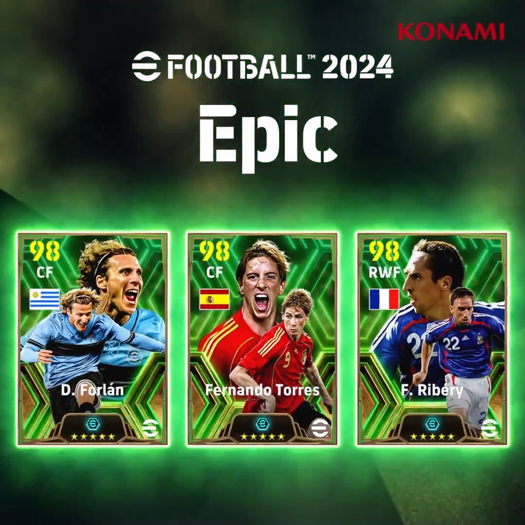 【Epic: National Attackers】 新たな選手特性 “ブースター”を持つレジェンド3選手が登場！ フランク リベリ（アジリティ ＋2） ディエゴ フォルラン（ストライカーセンス ＋2） フェルナンド トーレス（シュート ＋2） 各国の伝説のアタッカーを獲得し、チームを強化しよう！ #eFootball #イーフト