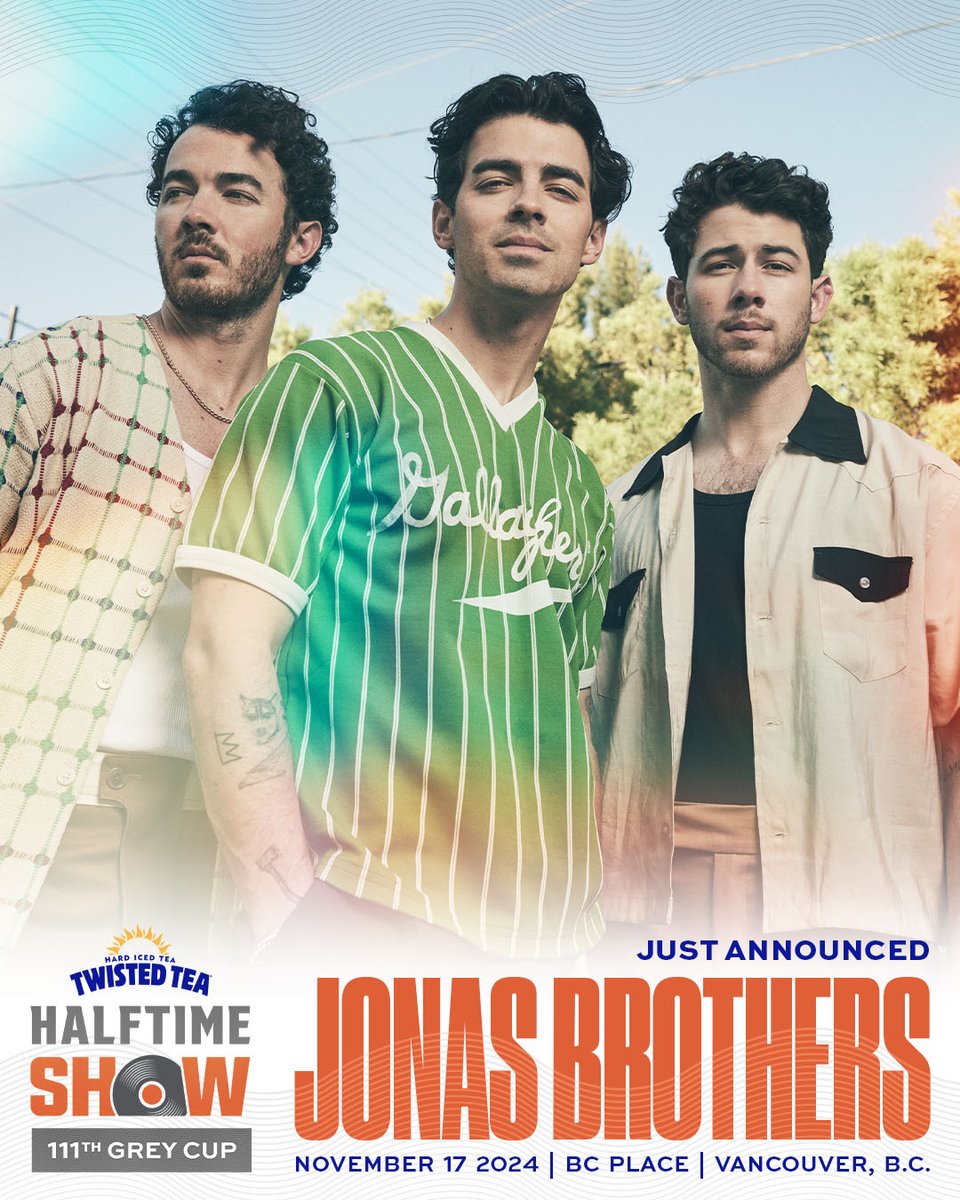 Drumroll please.... 🥁 THE Twisted Tea #GREYCUP HALFTIME ACT IS... THE Jonas Brothers! 🎤🎵 🎉 It's gonna be a PARTY at the 111th #GreyCup in Vancouver on Nov 17th! ⏰ Set your alarms, tickets go ON SALE TOMORROW! The Grey Cup Festival | CFL