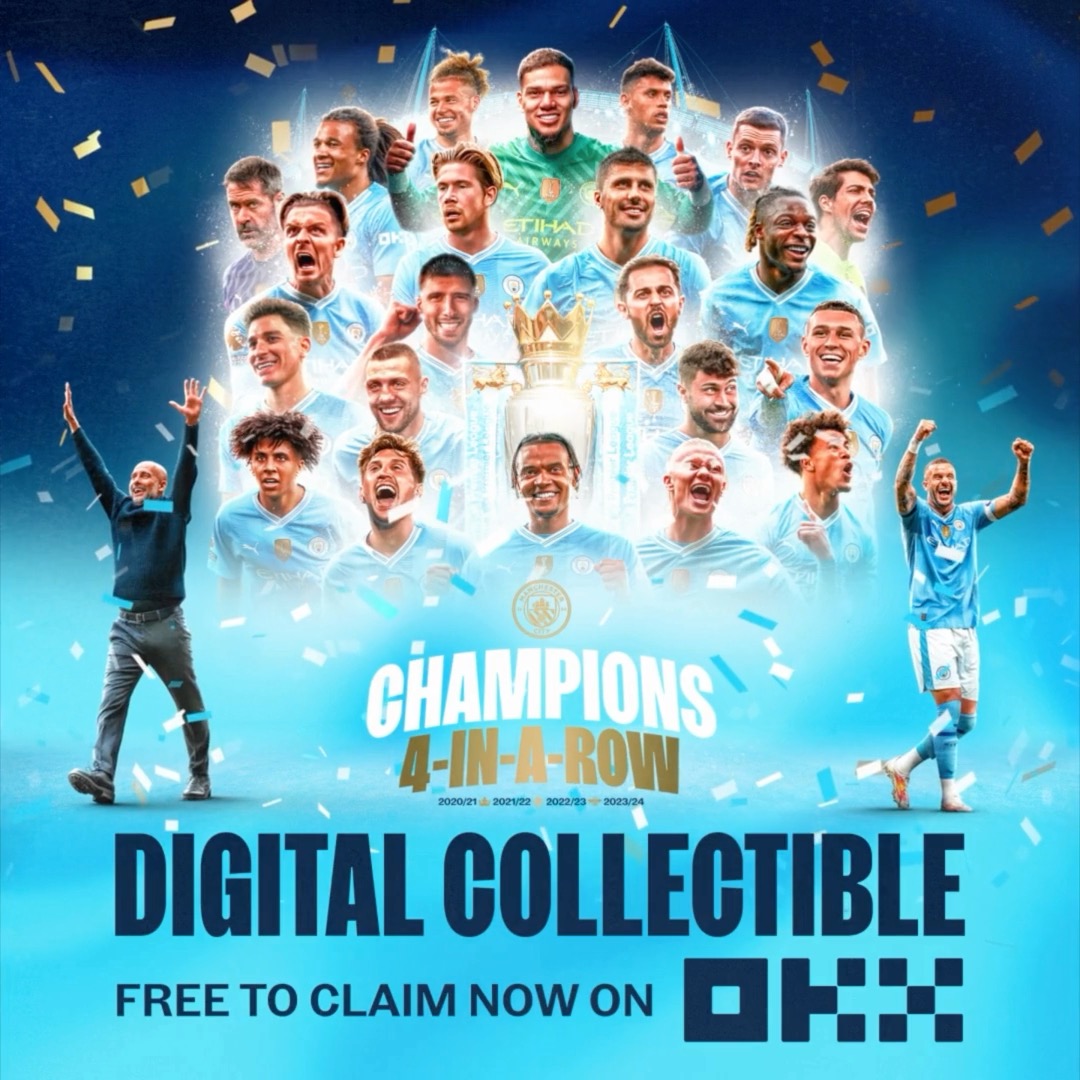🏆 4-in-a-row 🏆​ ​ Celebrate @mancity’s fourth consecutive Premier League title with this free digital collectible 🤩​ ​ Only available for 72 hours so don’t miss out 👉 ​ #OKXManCity
