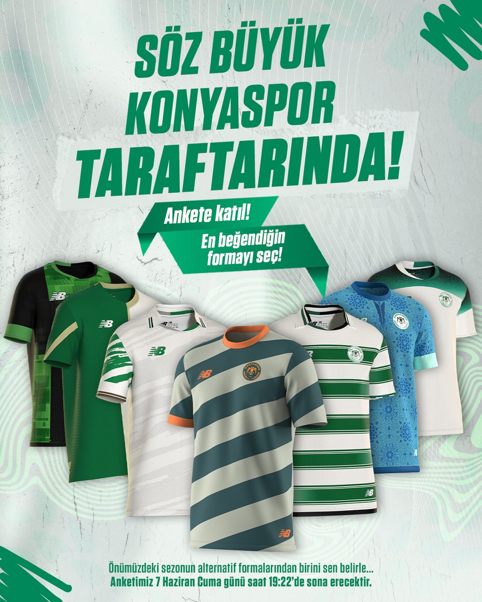 Söz Büyük Konyaspor Taraftarında! 💚🤍 Ankete katıl! Beğendiğin formayı seç! Alternatif formalardan birini sen belirle… 👉