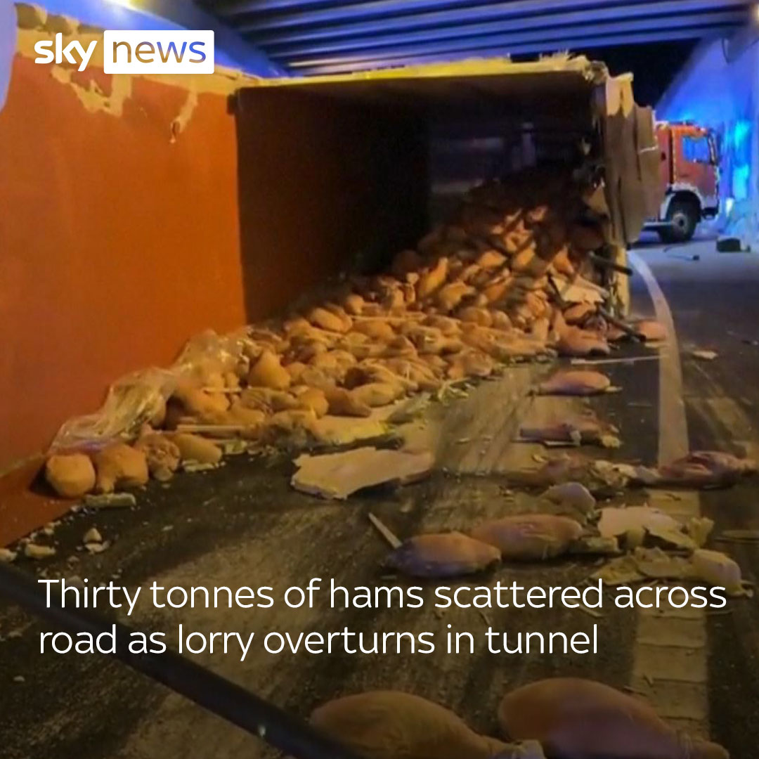 A tunnel in Madrid was closed overnight after thirty tonnes of hams were scattered when a lorry overturned. The driver was unhurt. Latest videos 🔗