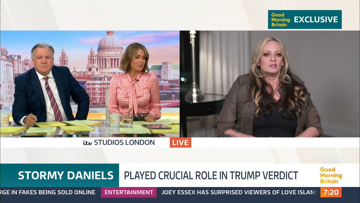 'I don't think my life will ever be normal.' Stormy Daniels tells Susanna Reid and Ed Balls how she feared for her life during the trial which resulted in her wearing a bullet proof vest to court.