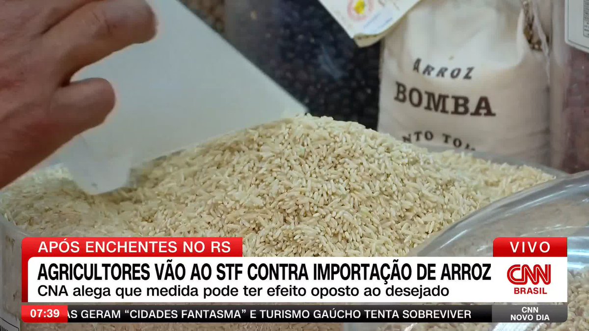A Confederação da Agricultura e Pecuária do Brasil (CNA) protocolou uma ação no STF contra a decisão do governo federal de autorizar a importação de arroz. Na visão da CNA, a compra de arroz do exterior poderá "desestruturar" a cadeia produtiva do arroz no país #CNNNovoDia