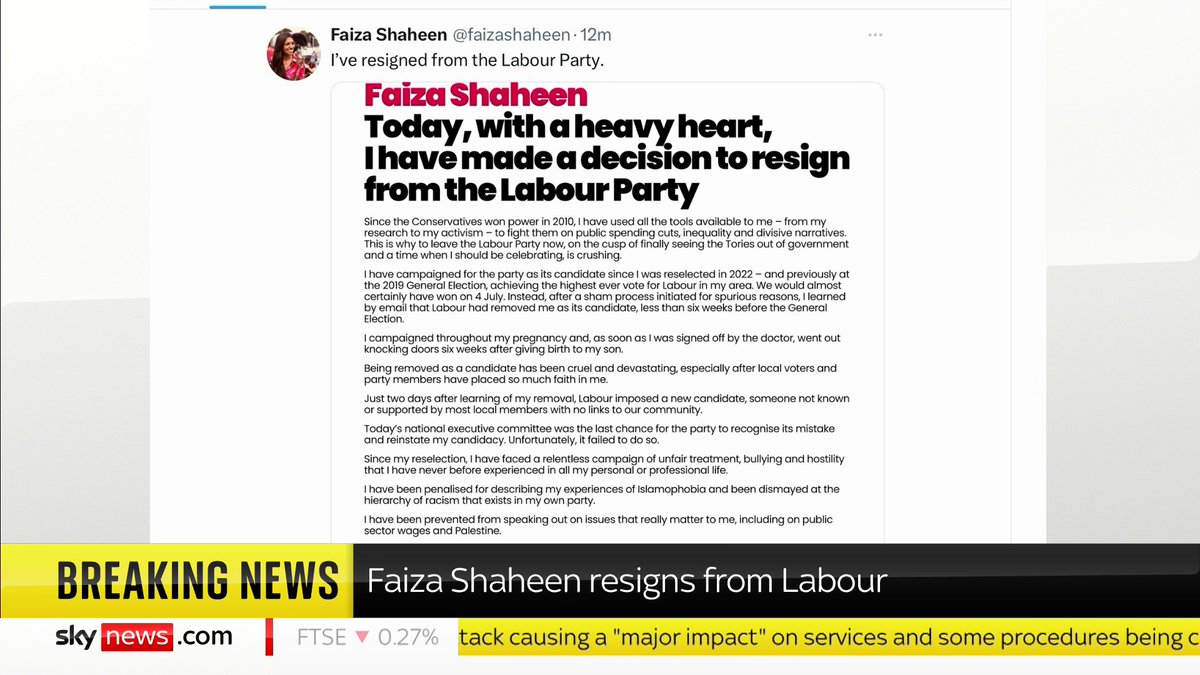 BREAKING: Faiza Shaheen, the former Labour candidate for Chingford and Woodford Green, has confirmed that she has resigned from the party today Sky's Tamara Cohen has the latest... Full story ➡️ 📺 Sky 501, Virgin 602, Freeview 233 and YouTube