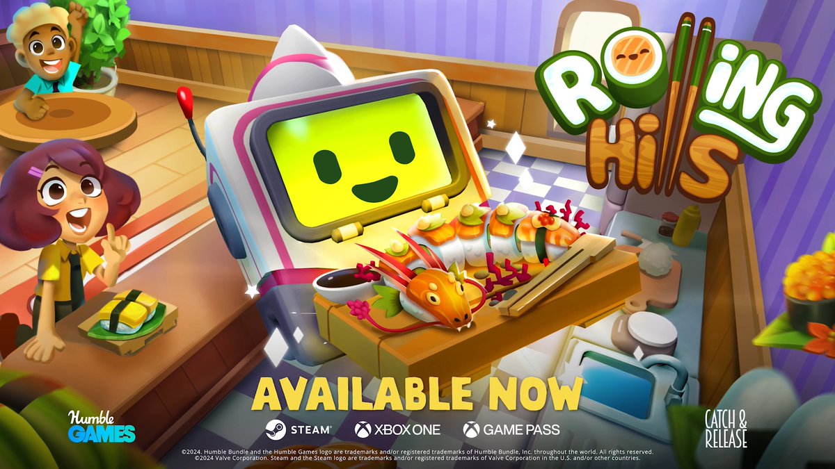 Start your own sushi restaurant, master INCREDIBLE plates of food, and make beautiful friendships along the way 🤗 ... Did we mention you play a VERY positive robot? 🤖 @RollingHills is OUT NOW on Steam, Xbox and XboxGamePass! 🍣 👉