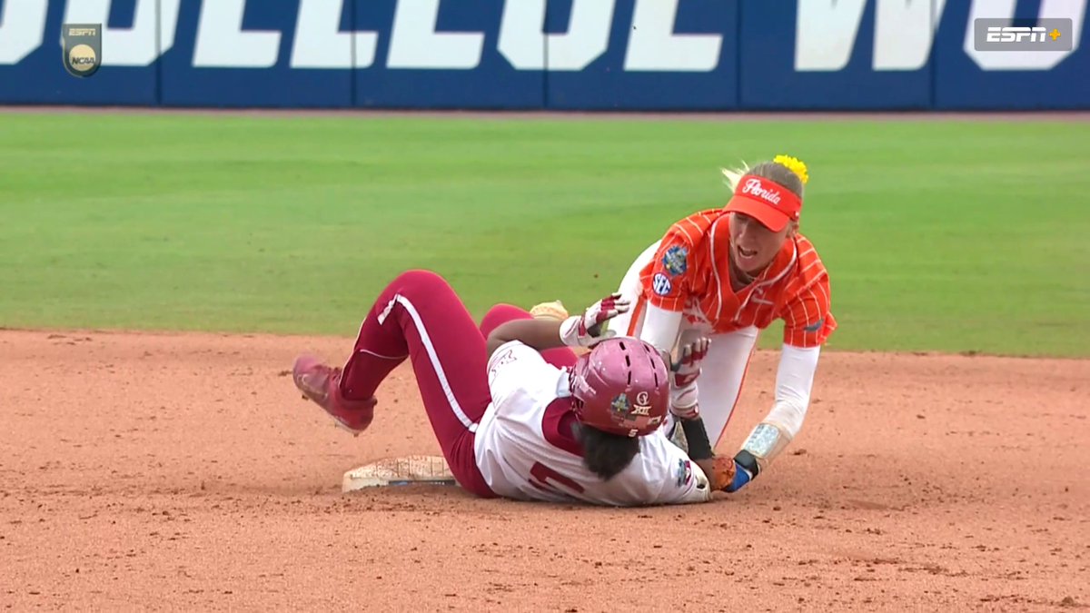 Oklahoma's Ella Parker and Florida's Skylar Wallace were involved in a collision at second base. Both players were okay.