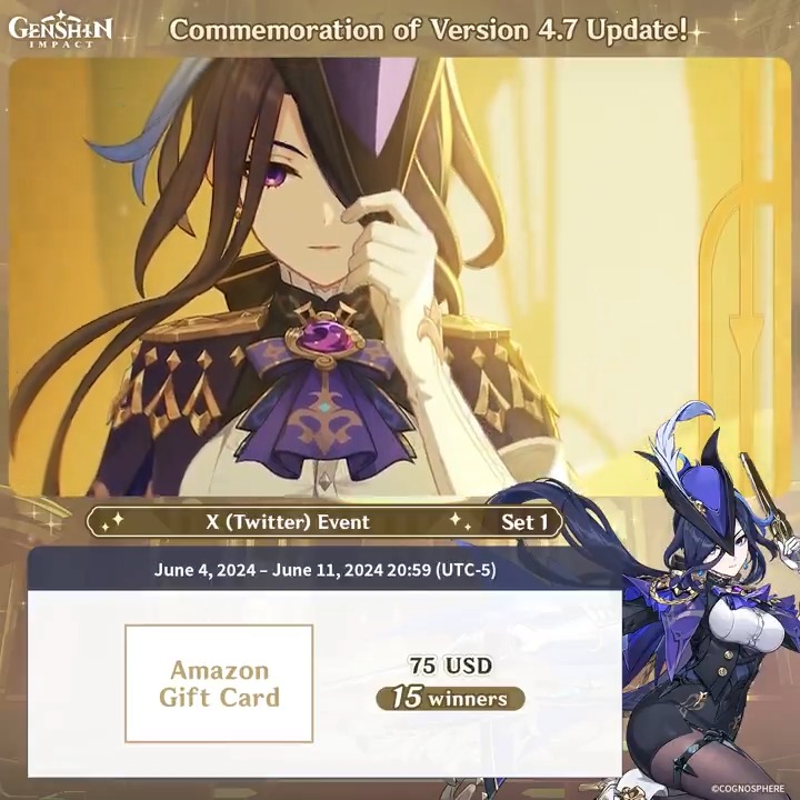 ✨Set 1✨ Commemoration of Version 4.7 Update 🎁Participate in the event for a chance to win a $75 Amazon gift card. How to Participate: ① Follow Genshin Impact ② Retweet this post You can instantly check the event results here>>> #GenshinImpact4ꓸ7