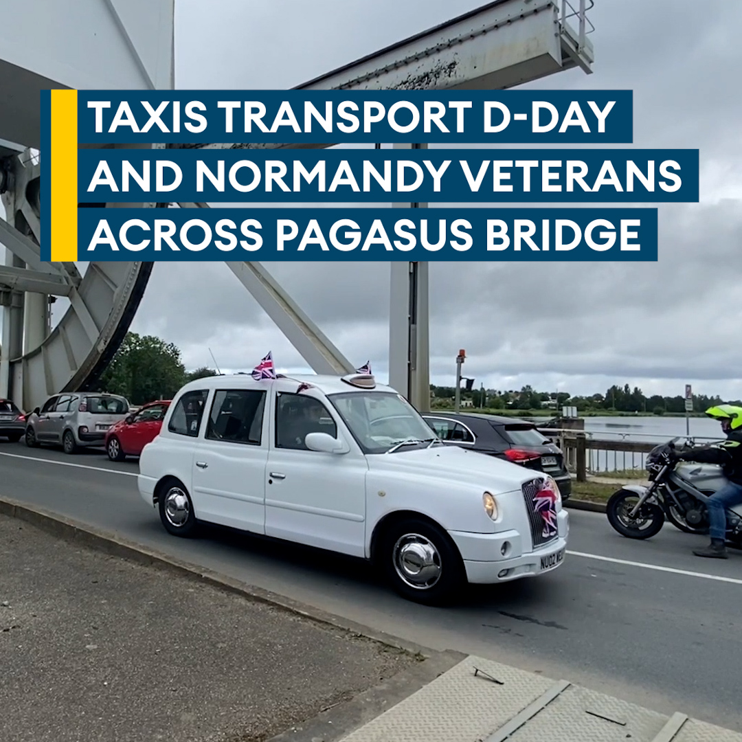 16 London black cabs from the Taxi Charity, have taken veterans back to Pegasus Bridge in style Pegasus Bridge was the first location to be liberated by British airborne troops in 1944 #DDay80 📺 Watch here 👇