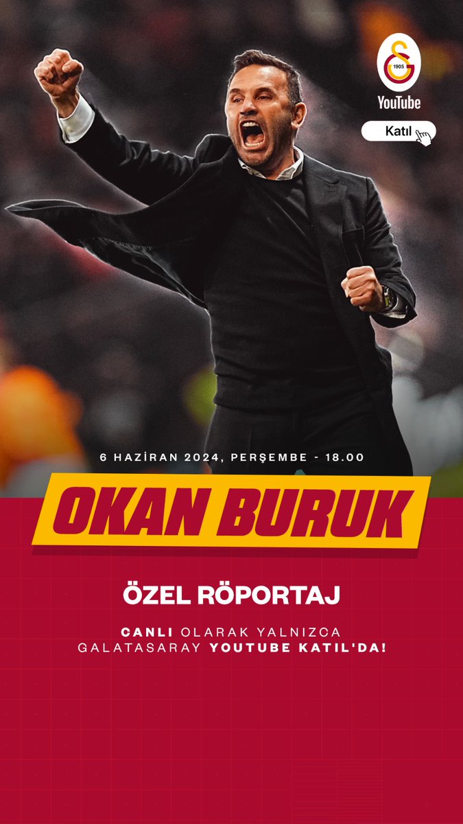 📺 Teknik Direktörümüz Okan Buruk'un, Turkcell Süper Kupa ve Trendyol Süper Lig'deki şampiyonluklarımızın ardından Galatasaray Adası'nda yapacağı ilk özel röportaj canlı yayınla yarın saat 18.00'de sadece Galatasaray YouTube Katıl'da! 💛❤️