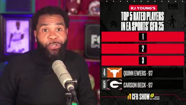 .RJ Young ranks his top 5 rated players in the EASPORTSCollege 25 video game 🖐🏾 1. ?? 2. Colorado DB/WR Travis Hunter 3. ?? 4. Texas QB Quinn Ewers 5. Georgia QB Carson Beck