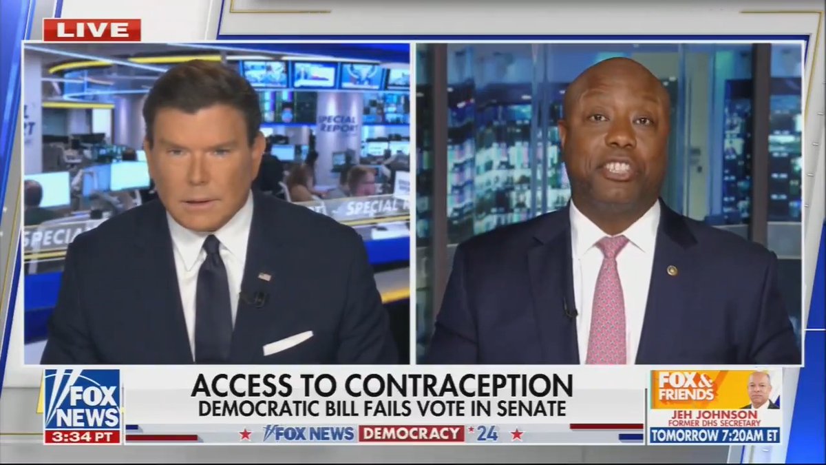 Fox host: You just voted against a woman’s right to contraception Trump VP contender Tim Scott: Yes, I did Fox host: Why? Scott: It’s a shame that Democrats are trying to politicize this issue