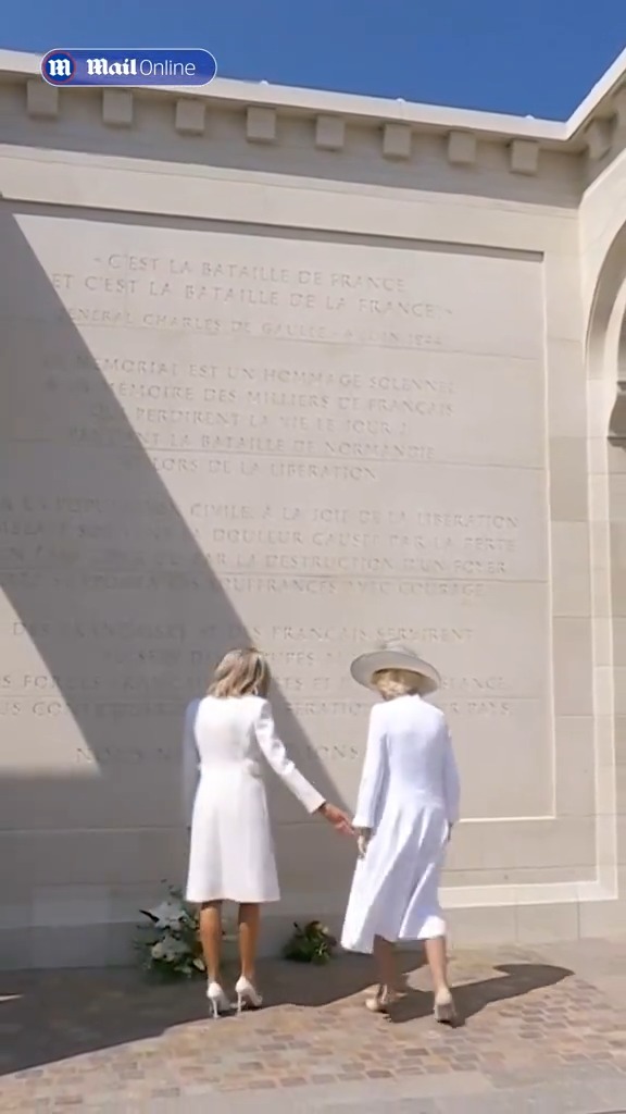 Awkward moment Brigitte Macron breaks Royal protocol as she tries to hold Queen Camilla's hand at D-Day memorial in Normandy #Macron #DDay #Camilla #Royals