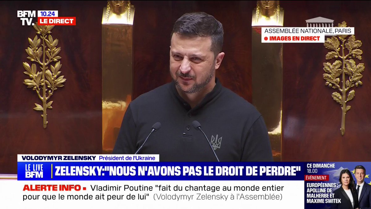 🗨 "France, je vous remercie d'être à nos côtés pour défendre la vie" Les mots (en français) de Zelensky à l'Assemblée