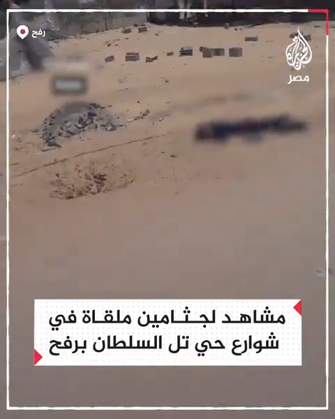 مشاهد لجثامين مُلقاه بشوارع حي تل السلطان في رفح جنوب قطاع غزة