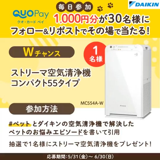 #ストリーマ空気清浄機 で ペットのお悩みも解消🐶🐱 30名様にQUOカードPay1000円分🎁 6/30まで毎日参加可能 応募方法 1⃣本アカウントをフォロー 2⃣6/10 9:59迄にリポスト 3⃣当選者にはDM Wチャンスは動画を確認👀 ＃ペット とお悩み解決エピソードを付けて引用で 1名様に空気清浄機が当たる！