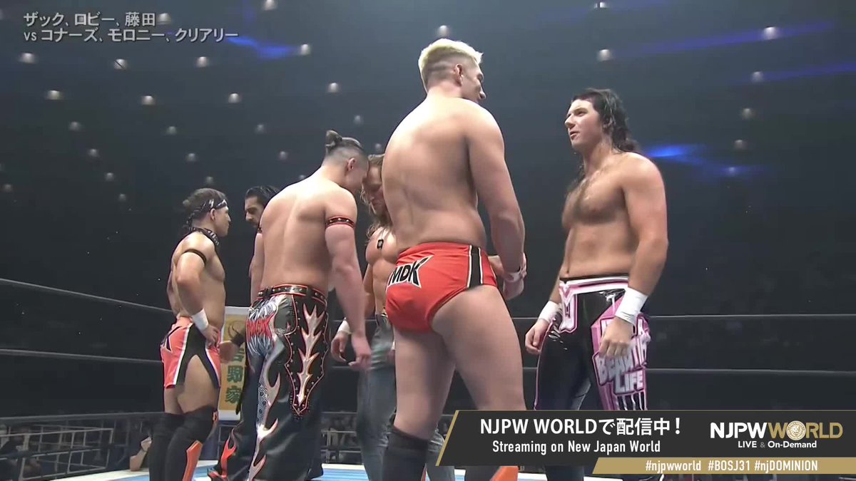 🏯#njDOMINION in OSAKA-JO HALL ~ #BOSJ31 決勝戦~🪽 藤田が開始早々コナーズにバックロールクラッチ‼️ いきなり決まってしまうのか⁉️ 🆚 TMDK🟧 × BC WAR DOGS☠️+NOAH🕊️ #njpwworld で配信中📡 視聴&登録⏩ #NJPW #BOSJ31