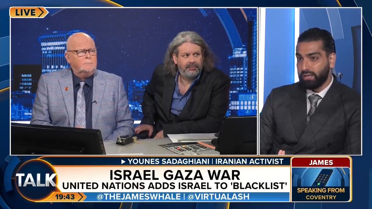 Iranian activist Younes Sadaghiani speaks out against Hamas. "The leader of Hamas has a net worth $6 billion, given to him by the international community. Instead of rebuilding Gaza, he built tunnels." James Whale MBE. Ash