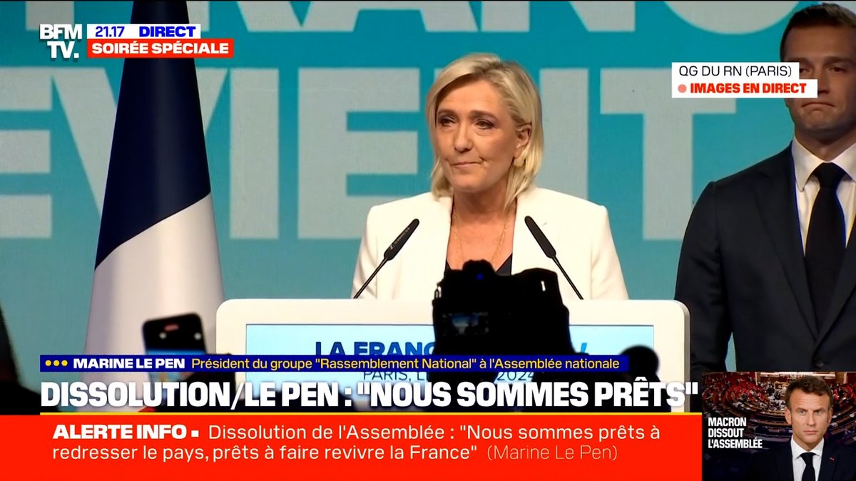 Le président de la République vient d'annoncer la dissolution de l'Assemblée nationale dans quelques semaines. Nous y sommes prêts. J’appelle les Français à venir nous rejoindre pour former autour du RN une majorité au service de la seule cause qui guide nos pas : la France.