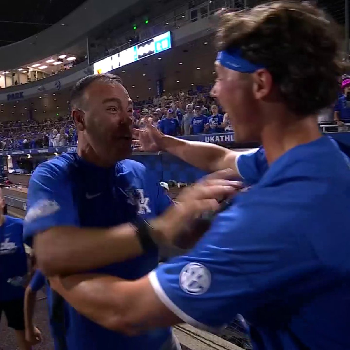 Coach Mingione hugged every one of his players after Kentucky punched its ticket to Omaha 💙 Kentucky Baseball