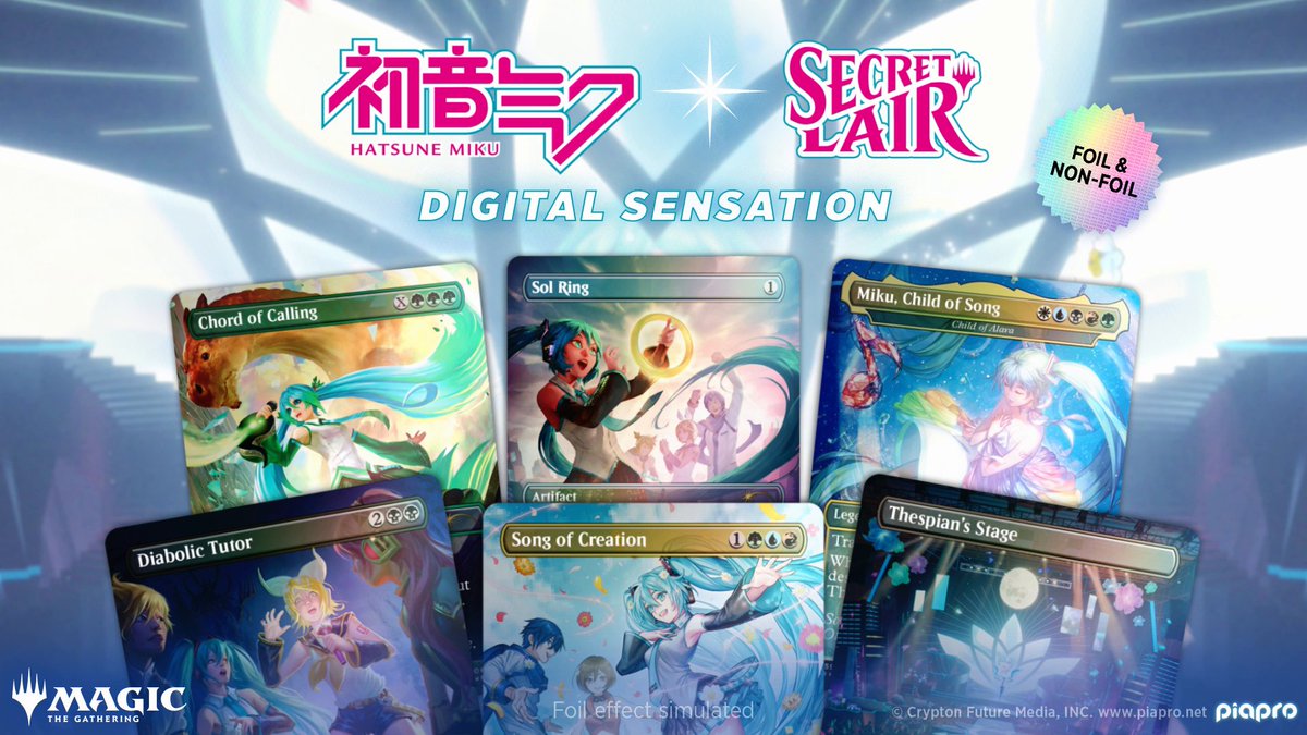 Secret Lair x Hatsune Miku returns during the Summer Superdrop with Hatsune Miku Digital Sensation! The sale begins Monday, June 24 at 9am Pacific, and this drop will include the only Hatsune Miku-themed Sol Ring of this collaboration. Get notified at