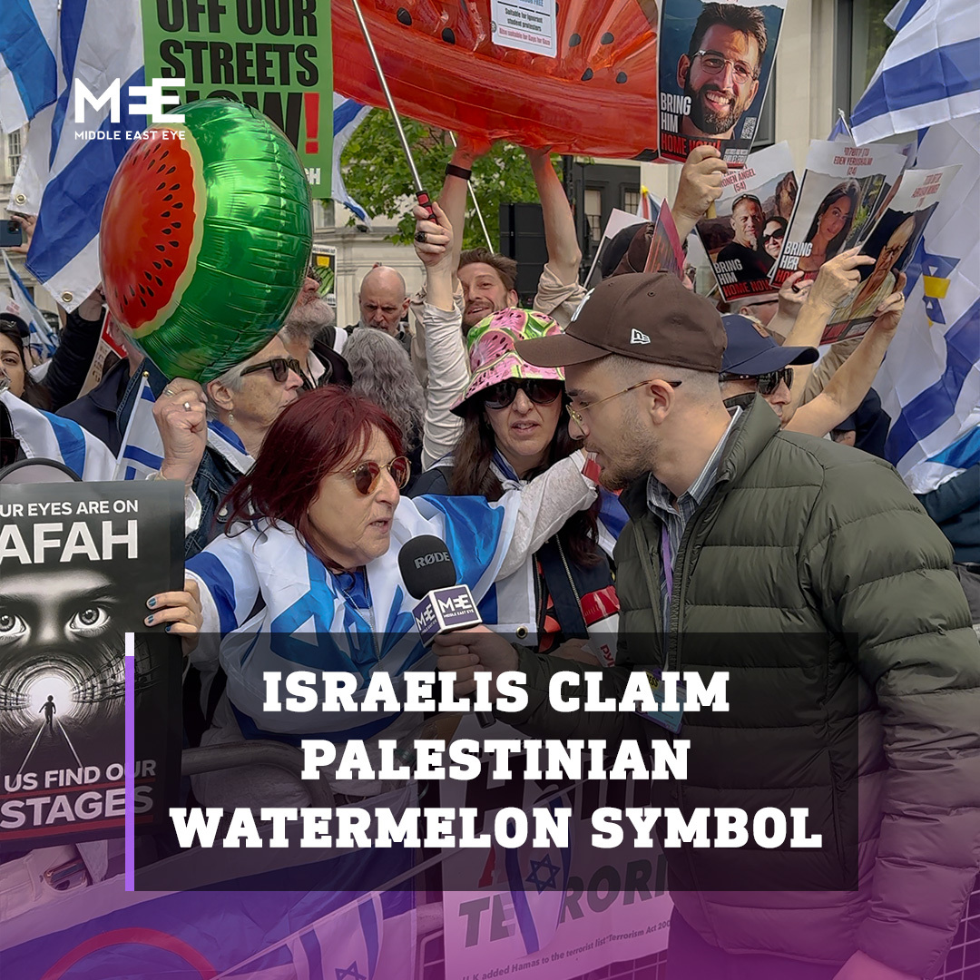 Pro-Israel demonstrators held watermelon balloons and keys at a counter-protest in London on Saturday, claiming the Palestinian symbols originated in Israel and that they were “bringing them back to where they belong”.