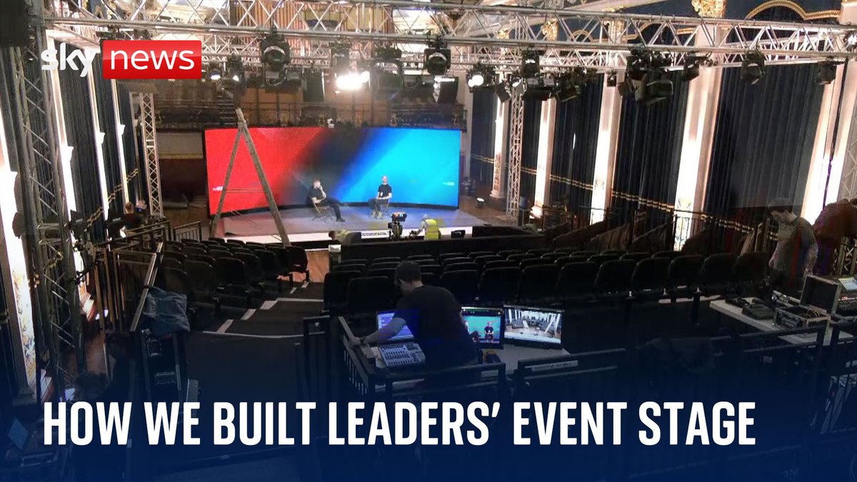 This timelapse captures the construction of a set for Sky News leaders' event in Grimsby ⬇️ From 7pm tonight, the Conservative and Labour leaders will answer questions from Beth Rigby, as well as members of the public 🔗