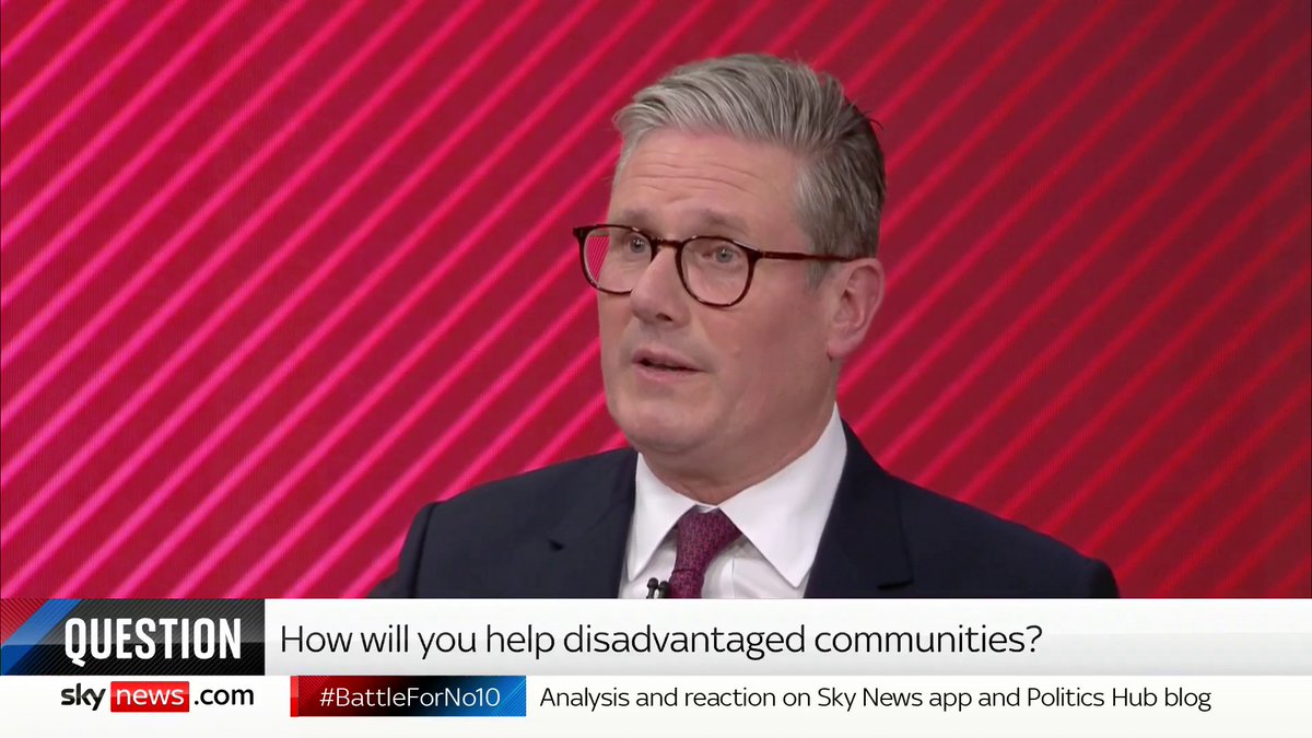 Sharon from Grimsby asks how Labour would improve outcomes for disadvantaged communities. Keir Starmer agrees that people are facing "real challenges" and states that "we need a growth plan for Grimsby which your fingerprints are on". #BattleForNo10 🔗