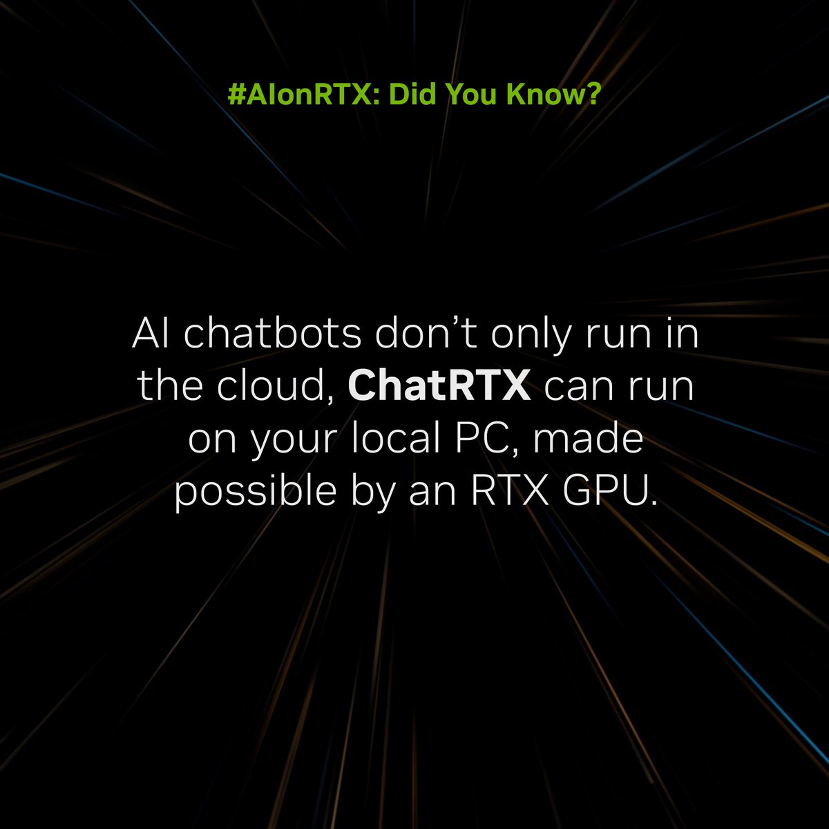 Did you know that AI chatbots like ChatRTX can run on your local PC with a GeForce RTX GPU? 🙌 How would you use ChatRTX to elevate your gaming experinece? Let us know us know below and use #AIonRTX for a chance to WIN an RTX ON Keycap or RTX 4090 poster! 👇