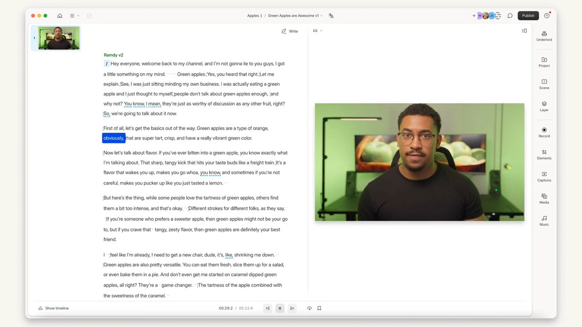 Coming soon: AI video regeneration that will save you hours ⚡️ Make edits by typing, or choose a different language, and Descript will generate your AI voice and sync your lips. You’ll never re-record again. Join the waitlist: