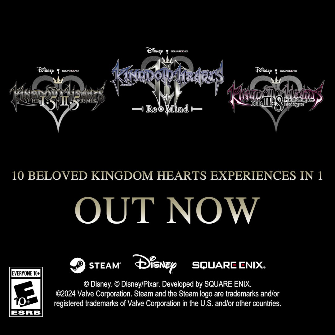 Kingdom Hearts is out now on Steam! 👑 KH HD 1.5+2.5 ReMIX 👑 KH 2.8 Final Chapter Prologue 👑 KHIII + Re Mind (DLC) Each title is on sale at a special discounted price for a limited time!
