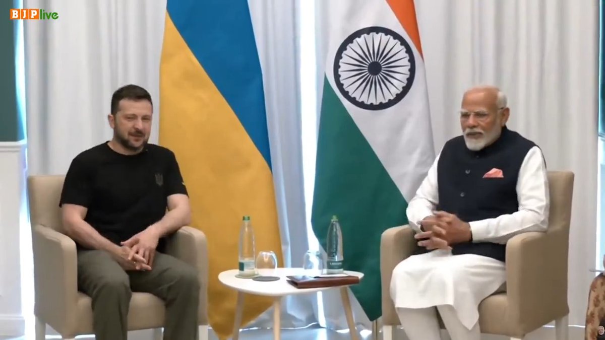 Visuals of Prime Minister Shri Narendra Modi holding a meeting with President Volodymyr Zelenskyy / ะะพะปะพะดะธะผะธั ะะตะปะตะฝััะบะธะน of Ukraine on the sidelines of G7 Summit in Italy.